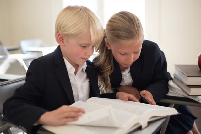 教室で同じ辞典を肩を並べて読んでいる外国人の男の子と女の子