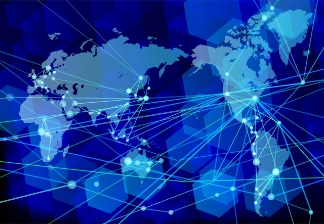 グローバル化を象徴する世界各国をつなぐネットワークテクノロジー（青背景）