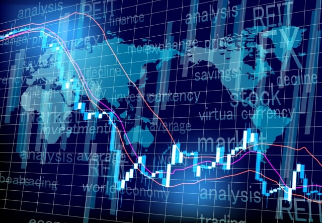 世界地図を背景にしたワールドマーケット株価チャートの推移グラフ（青色背景）